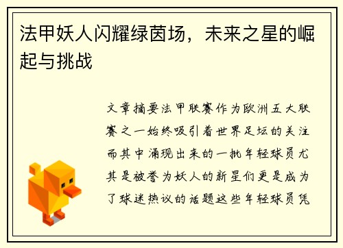 法甲妖人闪耀绿茵场，未来之星的崛起与挑战