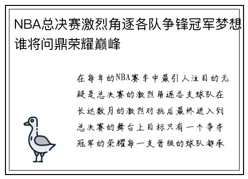 NBA总决赛激烈角逐各队争锋冠军梦想谁将问鼎荣耀巅峰