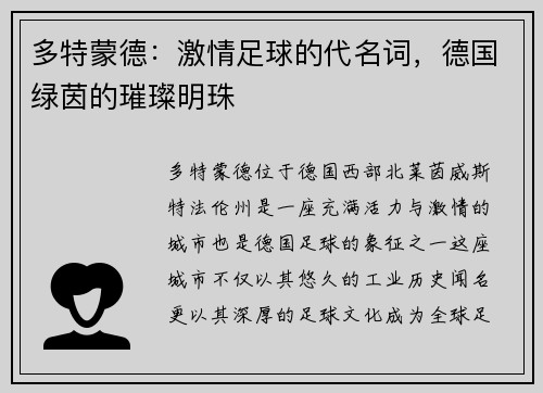 多特蒙德：激情足球的代名词，德国绿茵的璀璨明珠