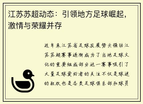 江苏苏超动态：引领地方足球崛起，激情与荣耀并存