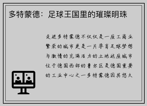 多特蒙德：足球王国里的璀璨明珠