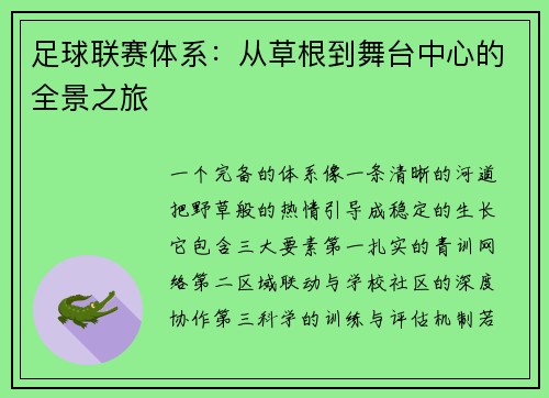 足球联赛体系：从草根到舞台中心的全景之旅