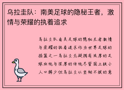 乌拉圭队：南美足球的隐秘王者，激情与荣耀的执着追求